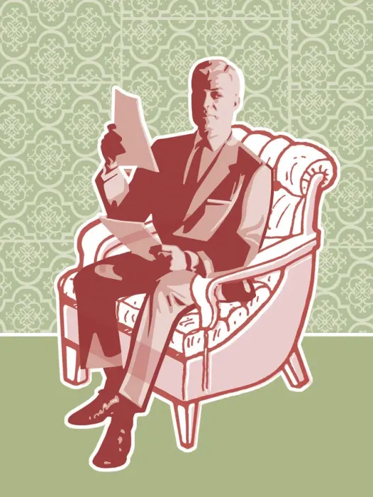 Framed Print : Man Reading a Document in Chair Framed Print : Man Reading a Document in Chair