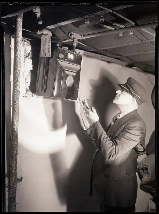 Framed Print : Man Reading Gas Meter in Basement Framed Print : Man Reading Gas Meter in Basement