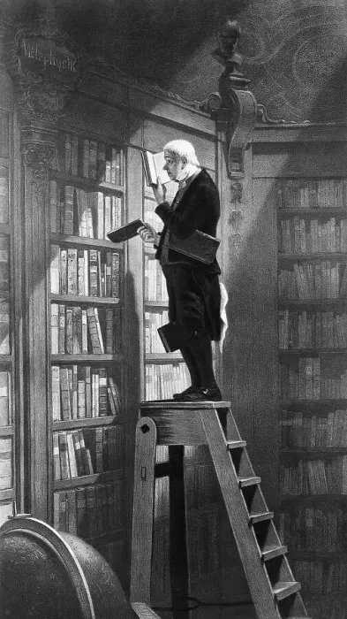 Framed Print : Man Reading on Ladder in Library Framed Print : Man Reading on Ladder in Library