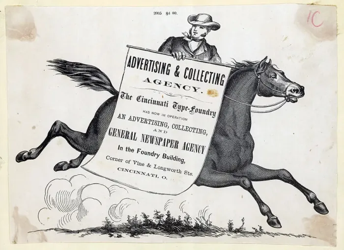 Framed Print : Man Riding Horse Carrying Sign; Advertis