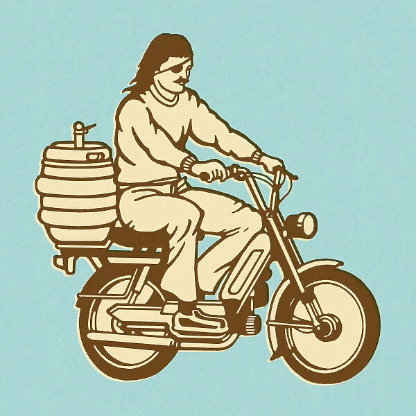 Man Riding Moped With Keg on the Back