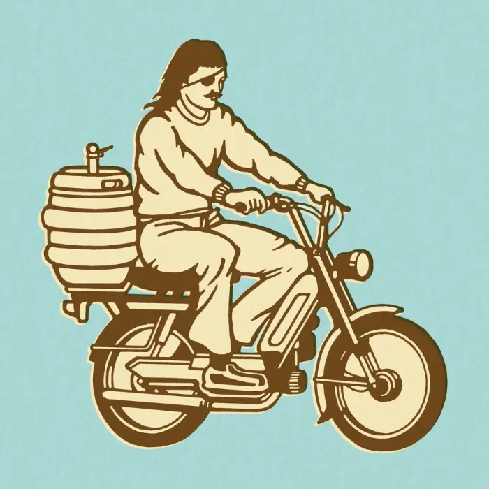 Framed Print : Man Riding Moped With Keg on the Back Framed Print : Man Riding Moped With Keg on the Back