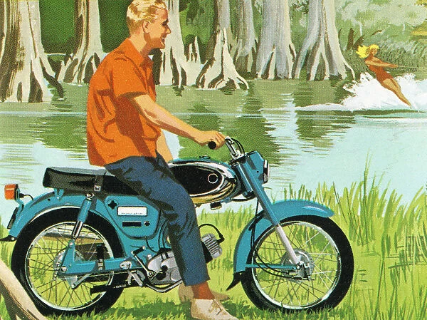 Man Riding a Motorcycle by a Lake
