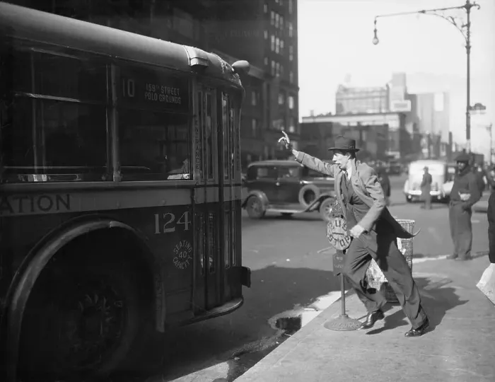 Framed Print : Man rushing to catch bus, New York City, New York State, USA