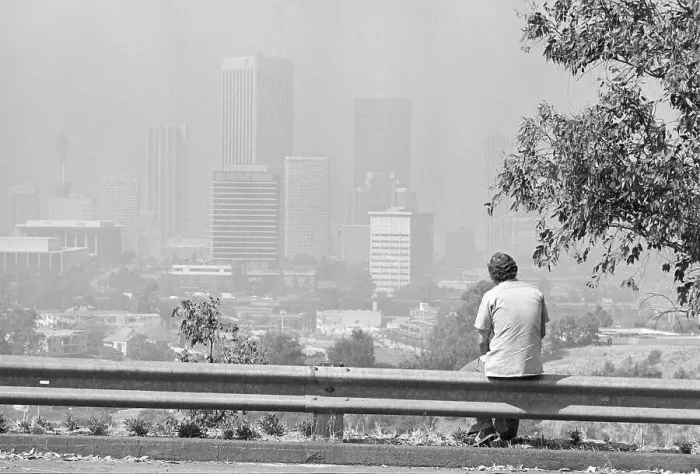 Framed Print : Man Seated, Looking @ Smoggy Los Angeles Framed Print : Man Seated, Looking @ Smoggy Los Angeles