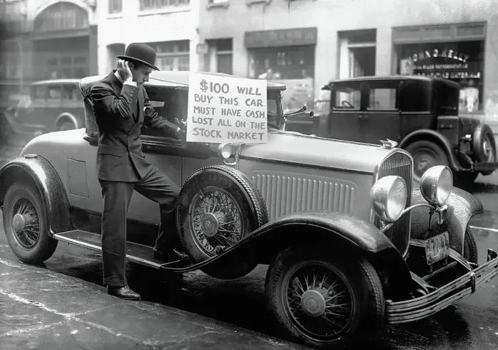 Framed Print : Man Selling Roadster After Stock Market Crash Framed Print : Man Selling Roadster After Stock Market Crash