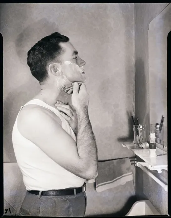 Framed Print : Man Shaving in Bathroom Framed Print : Man Shaving in Bathroom