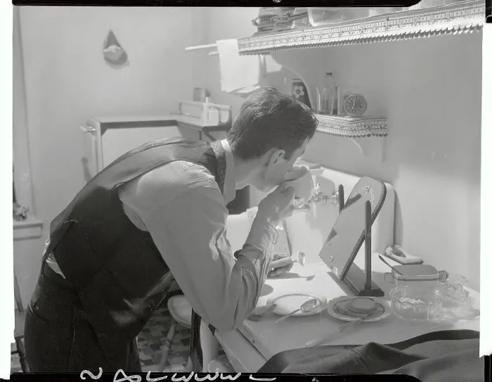 Framed Print : Man Shaving While Eating Breakfast at Kitchen Counter Framed Print : Man Shaving While Eating Breakfast at Kitchen Counter