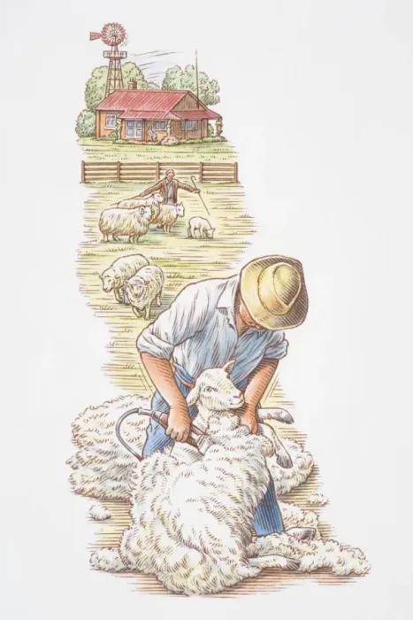 Framed Print : Man shearing wool off sheep, farmhouse and shepherd tending animals in background Framed Print : Man shearing wool off sheep, farmhouse and shepherd tending animals in background