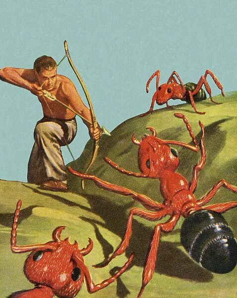 Man Shooting Giant Ants With Bow and Arrow