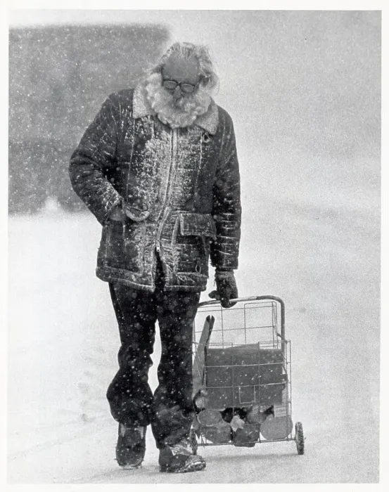 Framed Print : Man with Shopping Cart Walking in Snowstorm Framed Print : Man with Shopping Cart Walking in Snowstorm