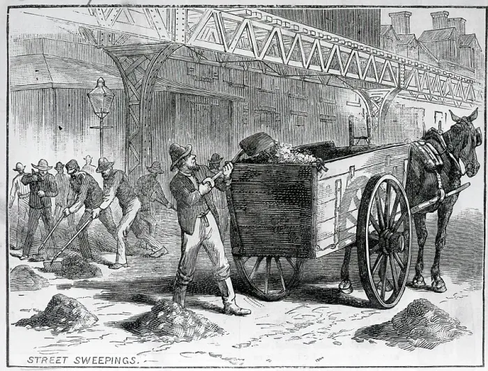 Framed Print : Man Shovels Garbage Into Cart; Woodcut Framed Print : Man Shovels Garbage Into Cart; Woodcut