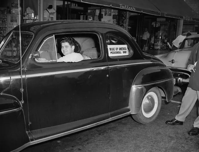 Framed Print : Man Sitting In Car With Sign In Window Framed Print : Man Sitting In Car With Sign In Window