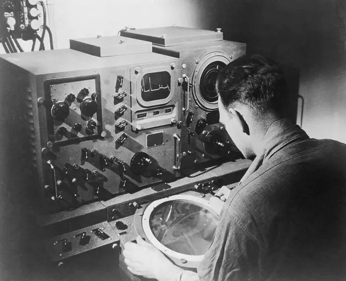 Framed Print : Man Sitting at Radar Display Framed Print : Man Sitting at Radar Display