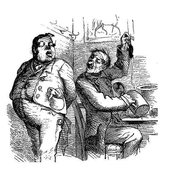 Man sitting at a table and a beer mug in his hand shows a waiter in a tavern that he had found a mouse. Scene with humoren