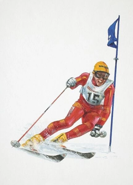 Man skiing around slalom flag, front view
