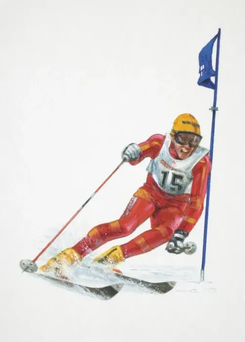 Framed Print : Man skiing around slalom flag, front view Framed Print : Man skiing around slalom flag, front view