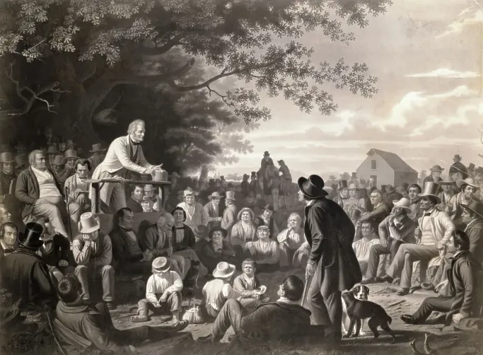 Framed Print : Man Speaking to Townspeople Framed Print : Man Speaking to Townspeople