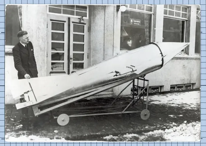 Framed Print : Man Stands Next To Small, Early Rocket Framed Print : Man Stands Next To Small, Early Rocket