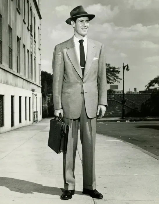 Framed Print : Man in full suit standing on sidewalk, (B&W), (Portrait) Framed Print : Man in full suit standing on sidewalk, (B&W), (Portrait)