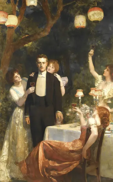 Framed Print : A man in a suit is surrounded by woman celebrating at a dinner with lanterns Framed Print : A man in a suit is surrounded by woman celebrating at a dinner with lanterns