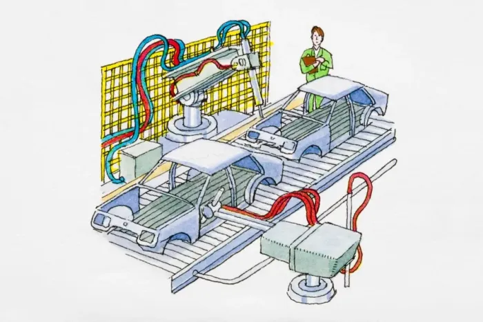 Framed Print : Man supervising car production on assembly line Framed Print : Man supervising car production on assembly line
