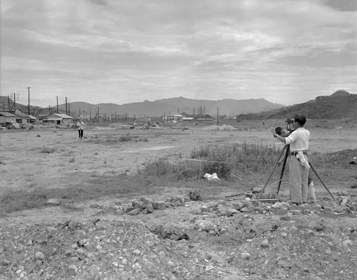 Framed Print : Man Surveying Empty Lot in Nagasaki Framed Print : Man Surveying Empty Lot in Nagasaki
