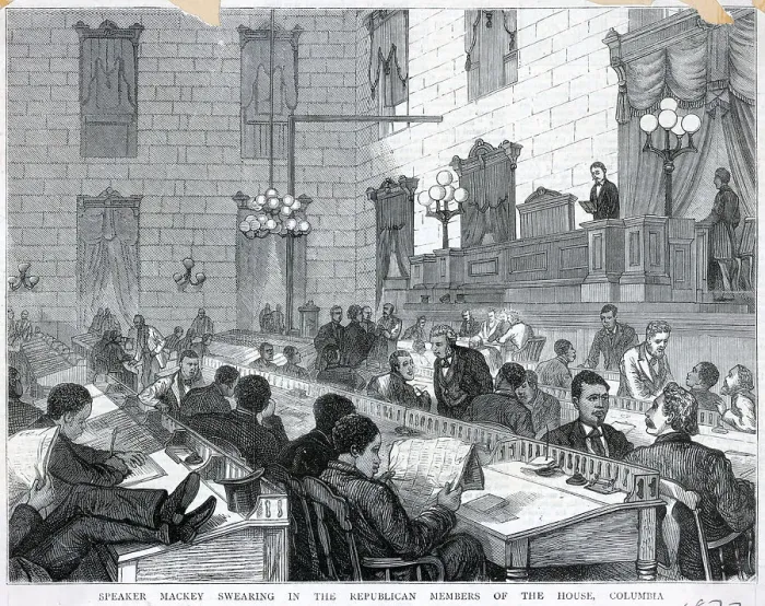 Framed Print : Man Swears In New Members / House; Illus Framed Print : Man Swears In New Members / House; Illus