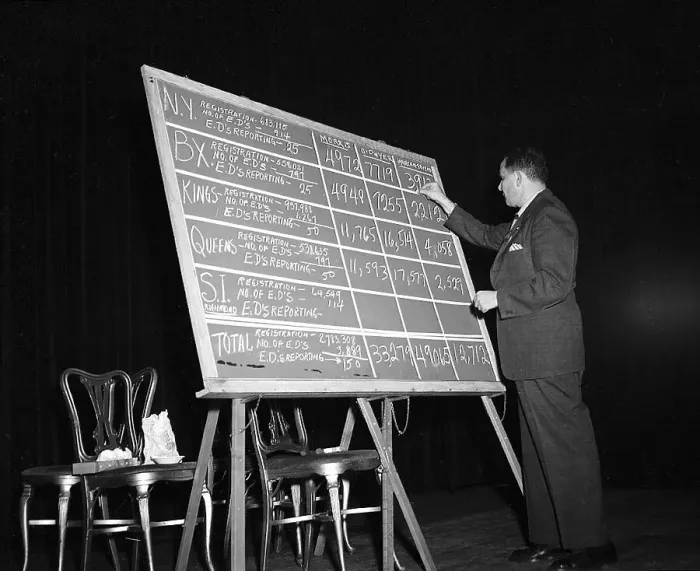 Framed Print : Man Tabulates Election Results on Board Framed Print : Man Tabulates Election Results on Board