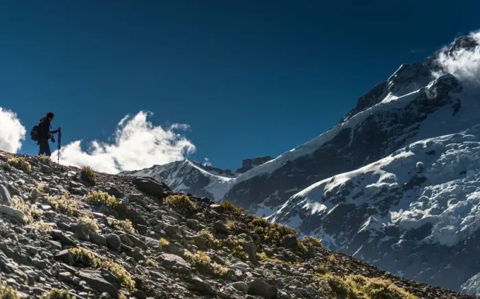 Framed Print : a man trekking over Mount Cook trail Framed Print : a man trekking over Mount Cook trail