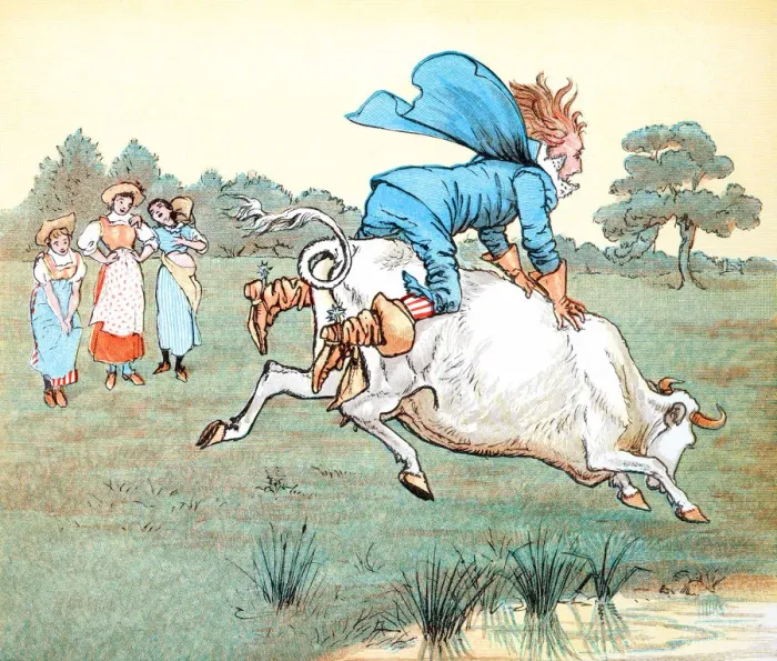 Framed Print : Man trying to ride a cow Framed Print : Man trying to ride a cow