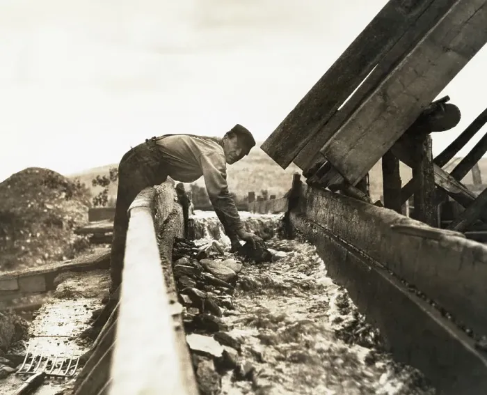 Framed Print : Man Using Trough To Wash Gold From Earth Framed Print : Man Using Trough To Wash Gold From Earth