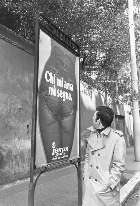 Framed Print : Man Viewing Controversial Jeans Ad Framed Print : Man Viewing Controversial Jeans Ad
