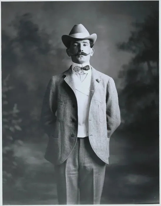 Framed Print : Man W / Handle-Bar Moustache in Suit, Hat