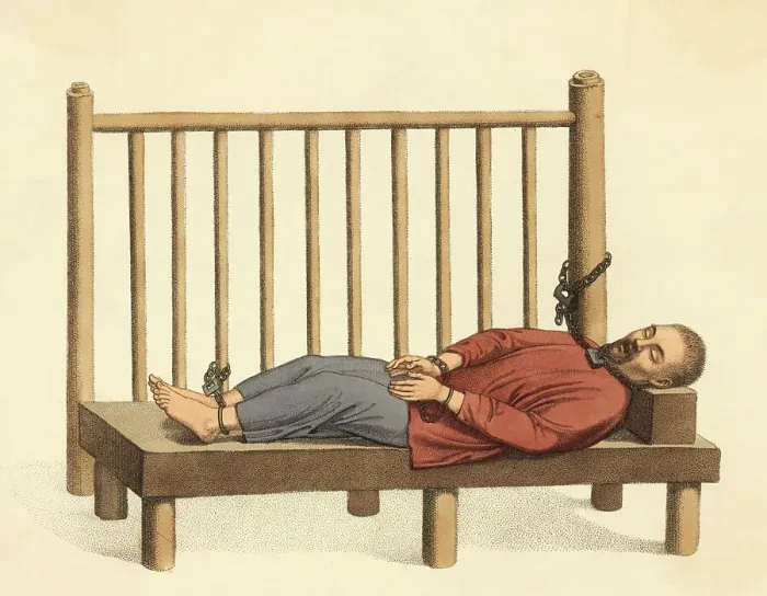 Framed Print : Man W / Iron Collar & Handcuffs Of Ankles Framed Print : Man W / Iron Collar & Handcuffs Of Ankles