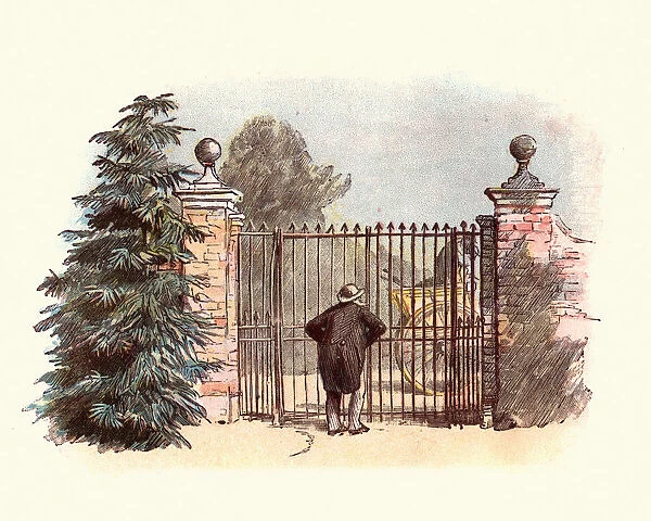 Man watching horse and cart drive passed his closed gate