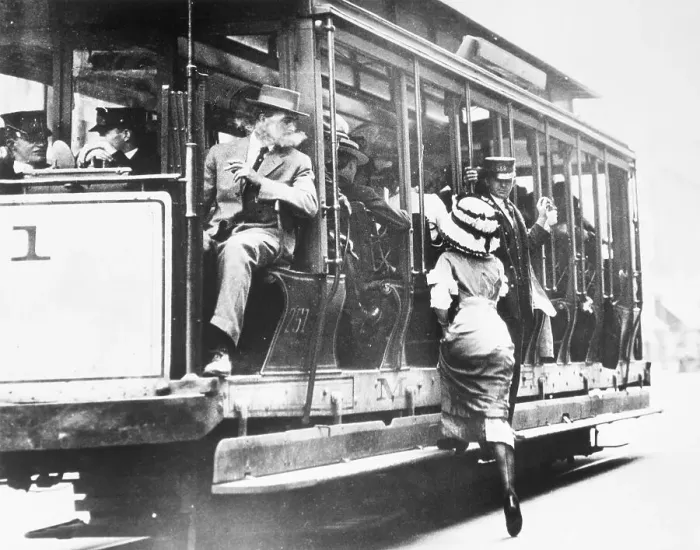 Framed Print : Man Watching Woman Boarding New York Trolley Car Framed Print : Man Watching Woman Boarding New York Trolley Car