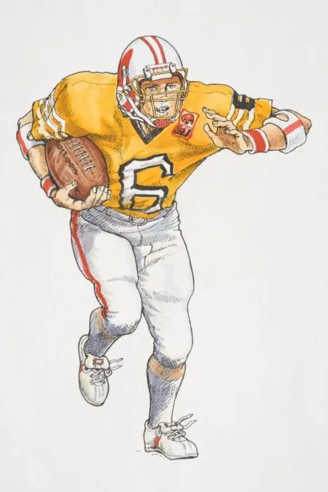 Framed Print : Man wearing full American football gear running with ball, front view Framed Print : Man wearing full American football gear running with ball, front view