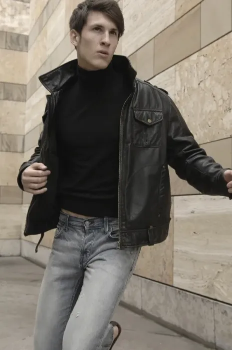 Framed Print : Man wearing a leather jacket, running Framed Print : Man wearing a leather jacket, running