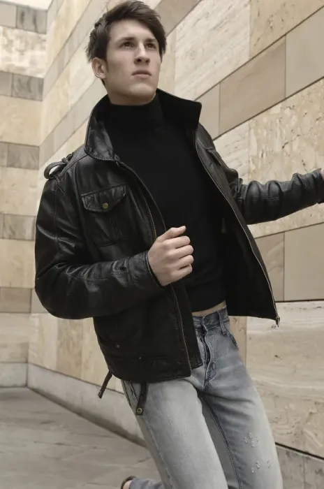 Framed Print : Man wearing a leather jacket, running Framed Print : Man wearing a leather jacket, running