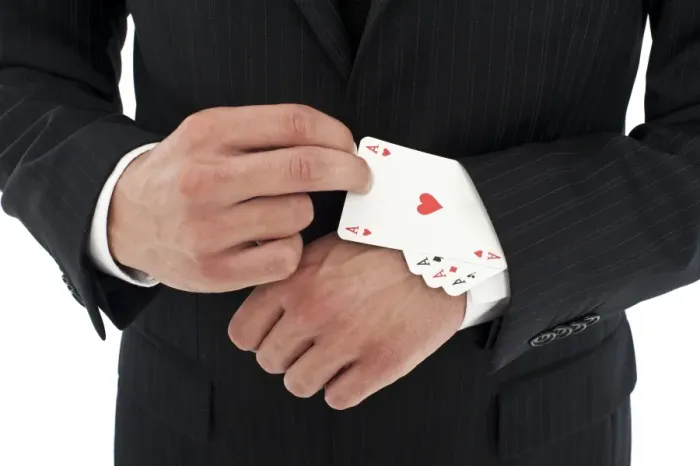 Framed Print : Man wearing a suit pulling several aces out of his sleeve