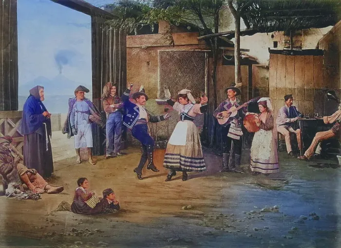 Framed Print : A man and a woman dancing Tarantella, observed by Italian folk types, 1870, Naples, Italy, Historic, digitally restored reproduction of a photograph by Giorgio Sommer, coloured Framed Print : A man and a woman dancing Tarantella, observed by Italian folk types, 1870, Naples, Italy, Historic, digitally restored reproduction of a photograph by Giorgio Sommer, coloured