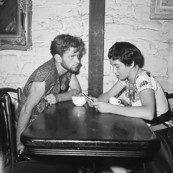 Man and Woman Drink Coffee in Beatnik Cafe Print, Art Prints