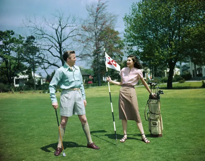Framed Print : Man and Woman in Golfing Clothes Framed Print : Man and Woman in Golfing Clothes