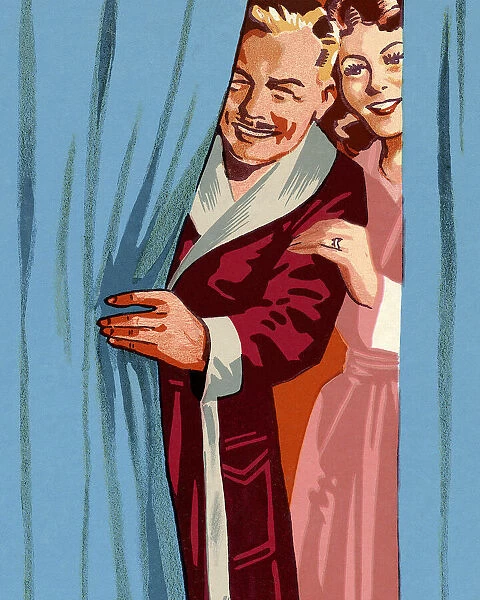Man and Woman Looking Past a Curtain