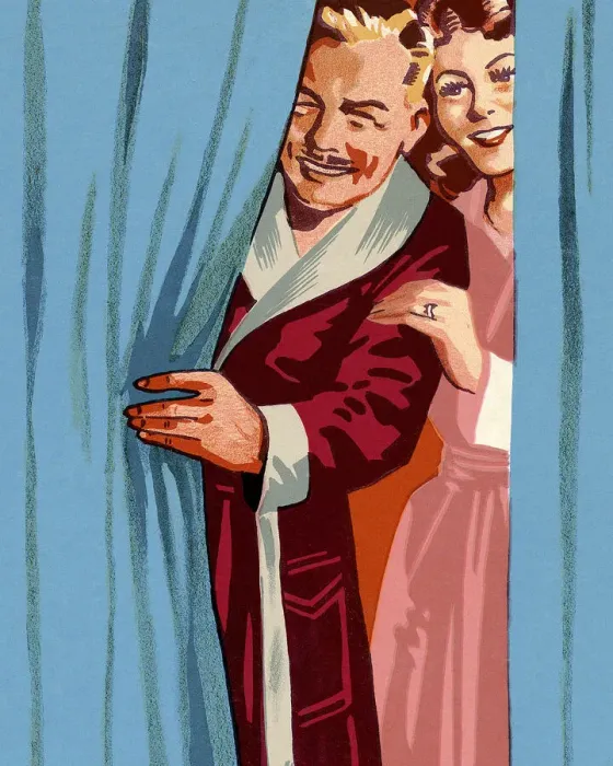 Framed Print : Man and Woman Looking Past a Curtain Framed Print : Man and Woman Looking Past a Curtain