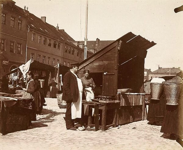 A man and a woman near a market stall, Nuremberg, ca 1870, Bavaria, Germany, Historic, digitally restored reproduction from a 19th century original
