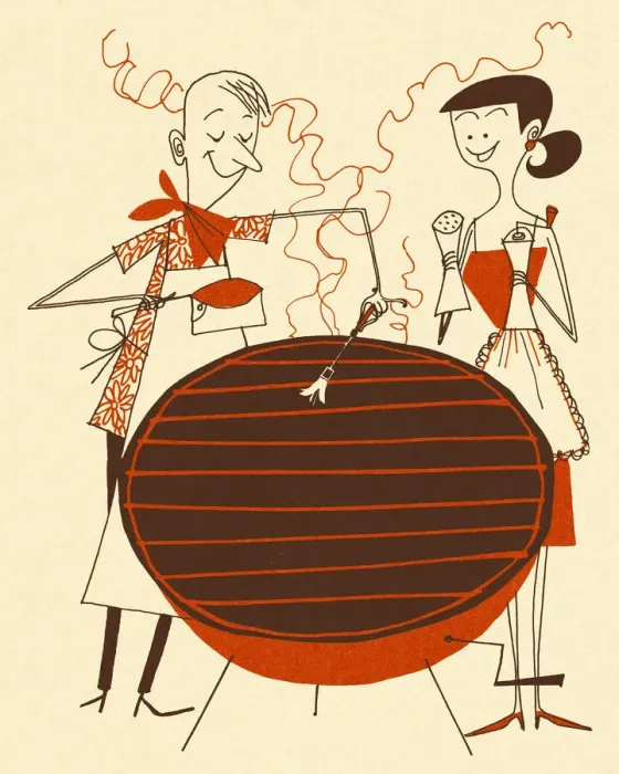 Framed Print : Man and Woman Preparing a Grill Framed Print : Man and Woman Preparing a Grill