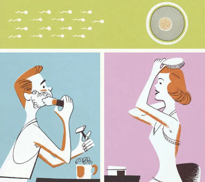 Framed Print : Man and Woman Primping and Sperm and Egg Framed Print : Man and Woman Primping and Sperm and Egg