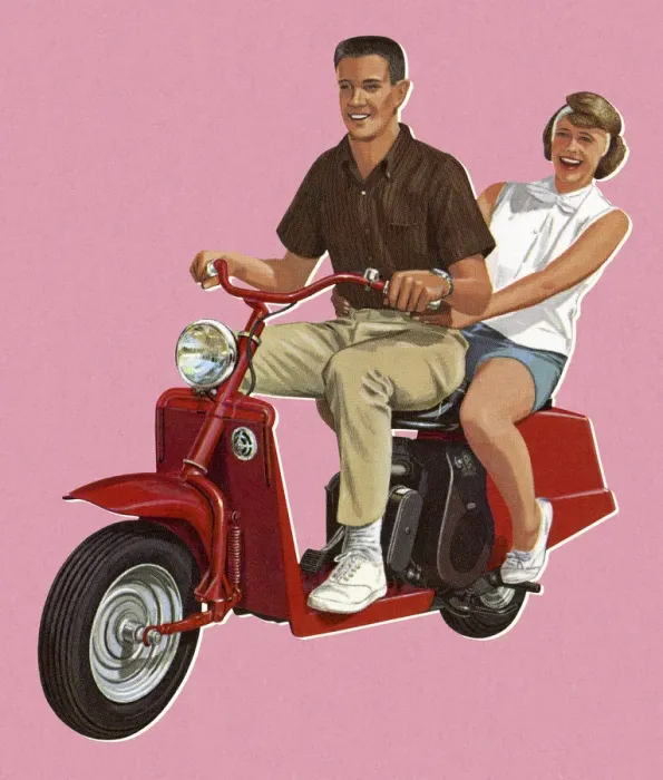 Framed Print : Man and Woman Riding a Scotter Framed Print : Man and Woman Riding a Scotter